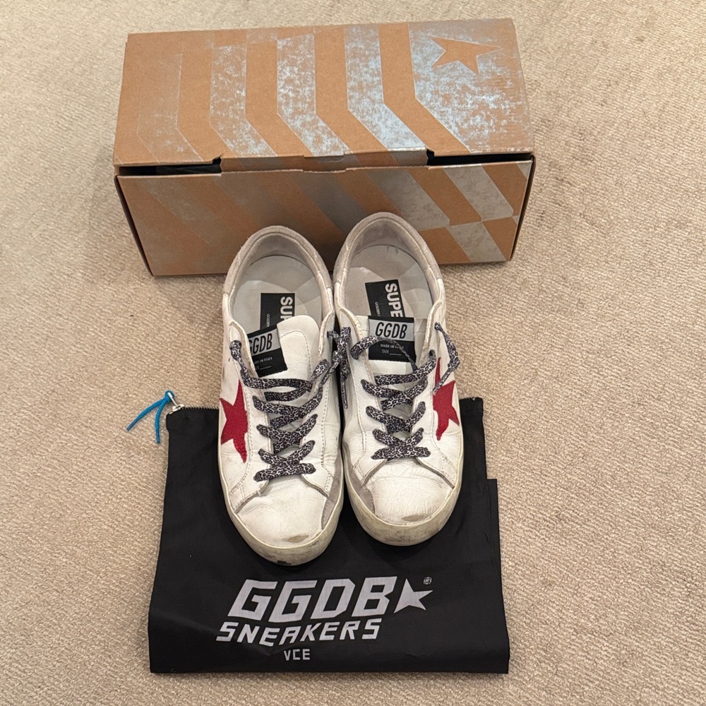 Golden Goose  Super Star White Sneakers with Red Glitter Star Size 8
